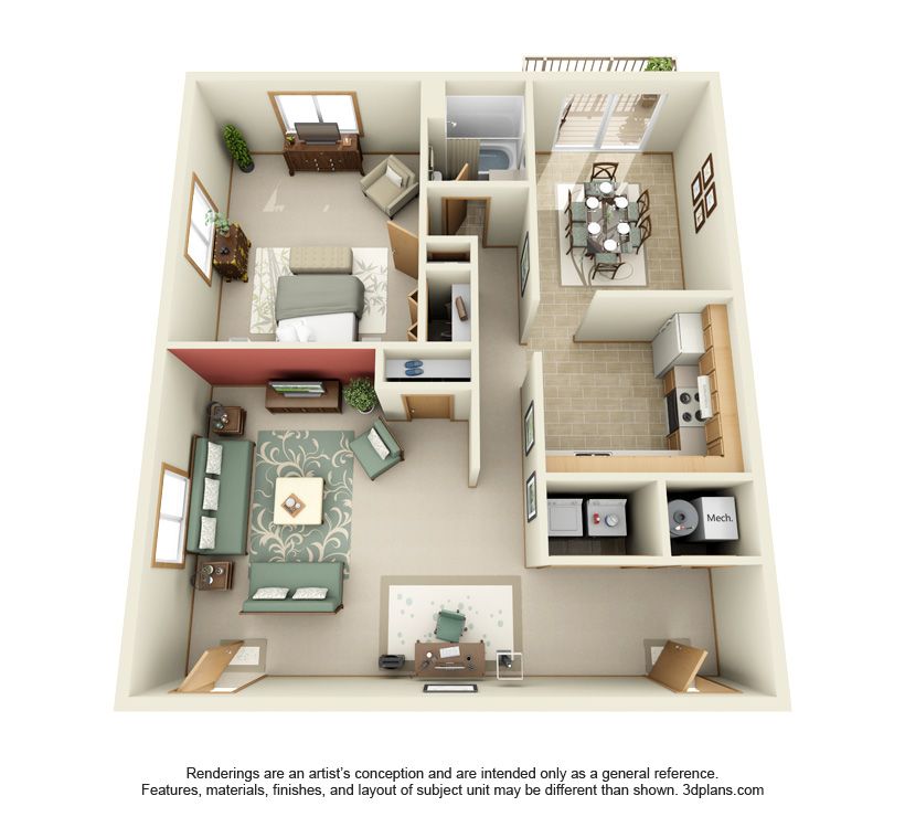 1723 Hovey_1 Bedroom Layout - 3D for Web