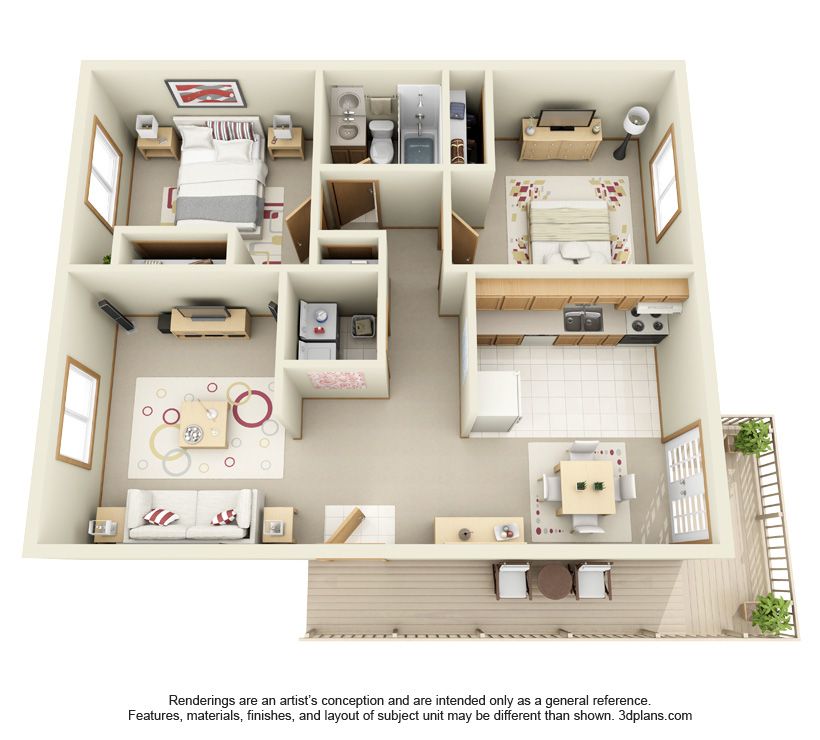 1723 Hovey_2 Bedroom Layout 2 - 3D for Web
