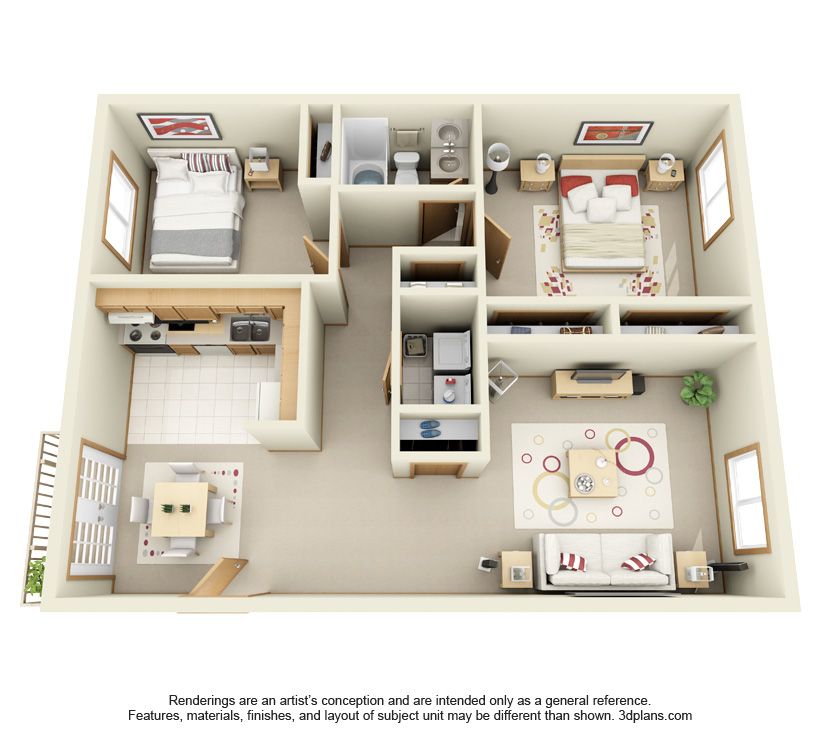 1723 Hovey_2 Bedroom Layout 1 - 3D for Web