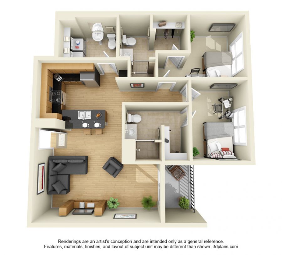 2 Bedroom Flat - 3D Floor Plan
