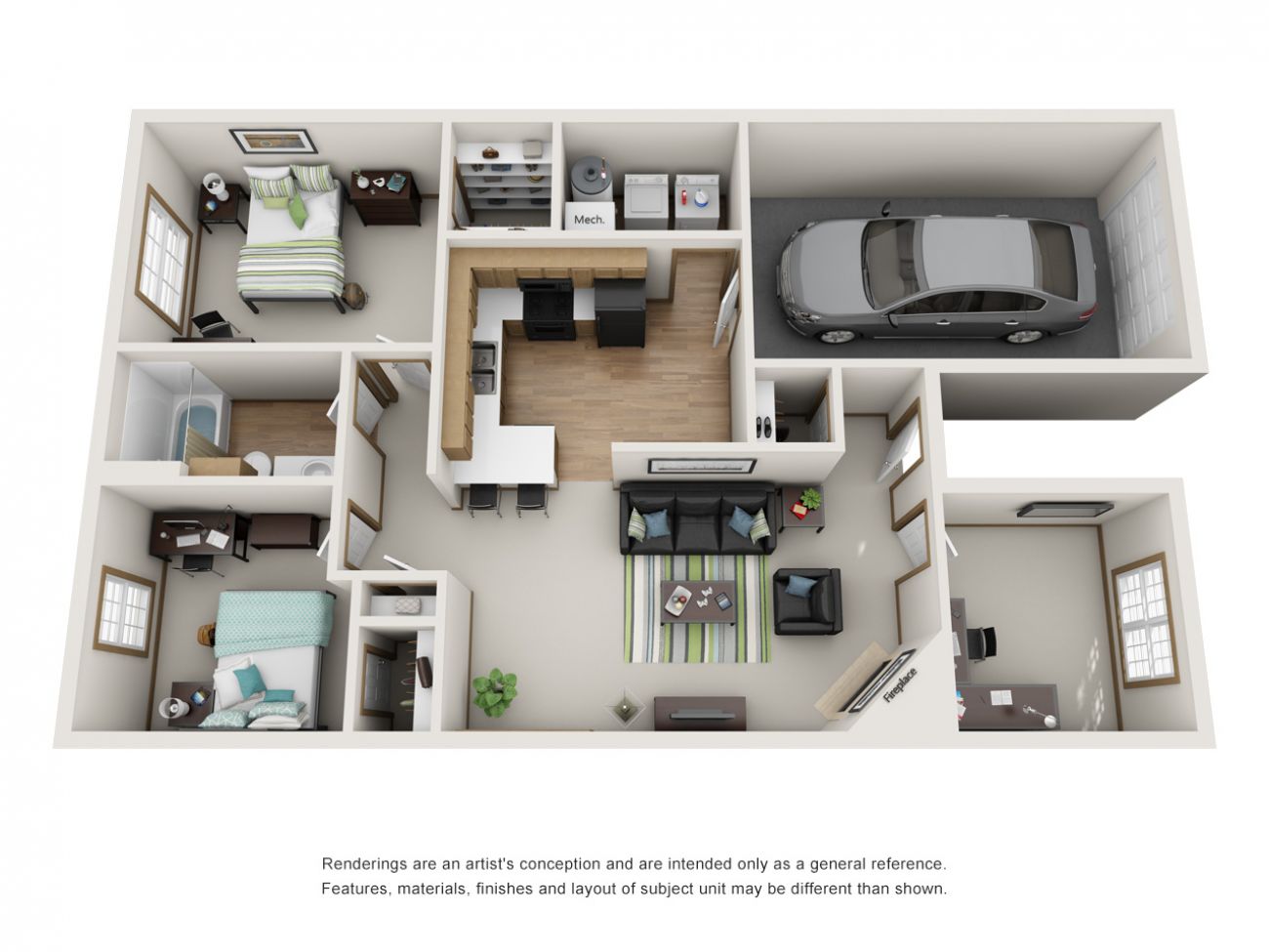 3D Floor Plan - 2 Bed 1 Bath