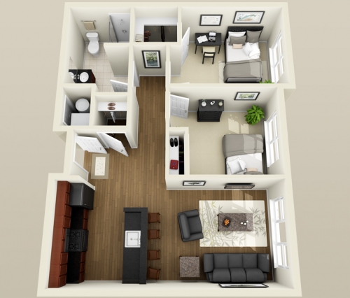 3D Floor Plan - 2 Bedroom